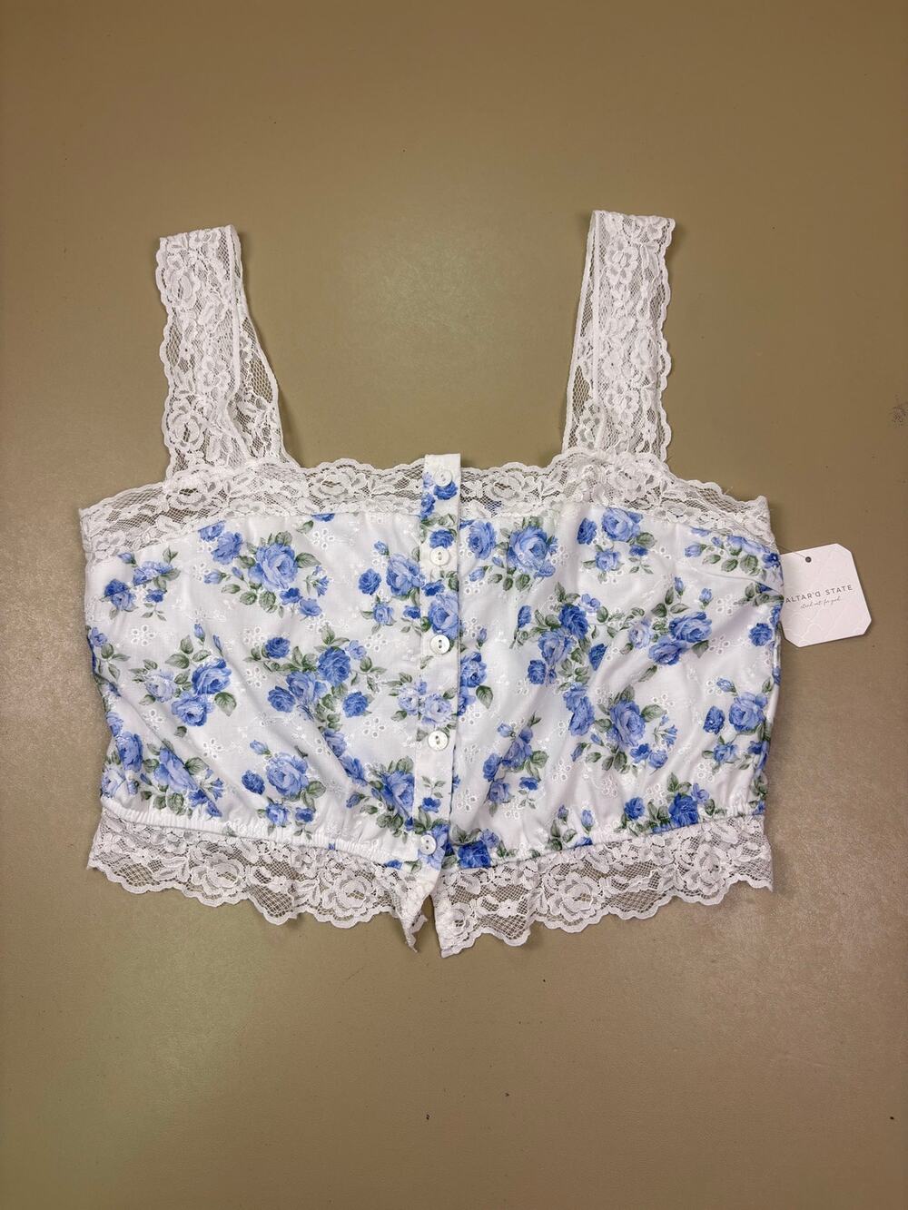 Altar’d State Women’s Large Blue Floral Eyelet Lace Crop Top Button Front NWT